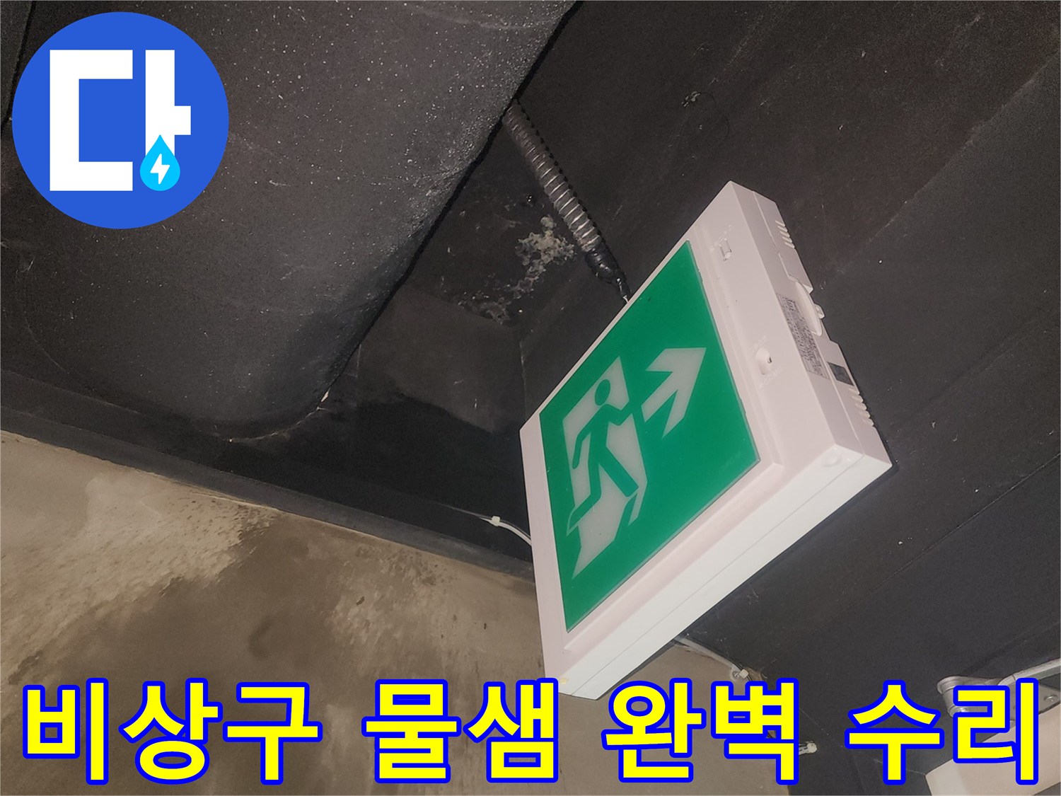 비상구 등기구 주변에서 발견된 물샘 현장을-저희 전문가가 완벽하게 수리하기 위해 점검 중입니다