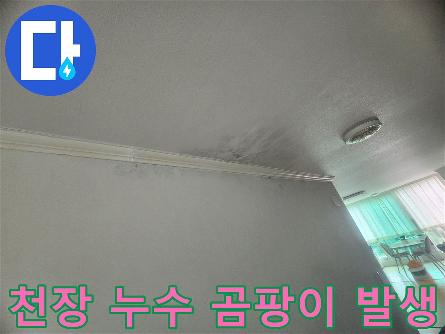 천장-모서리에-누수로-인한-곰팡이-발생이-확인되어-위생상-문제가-우려됩니다