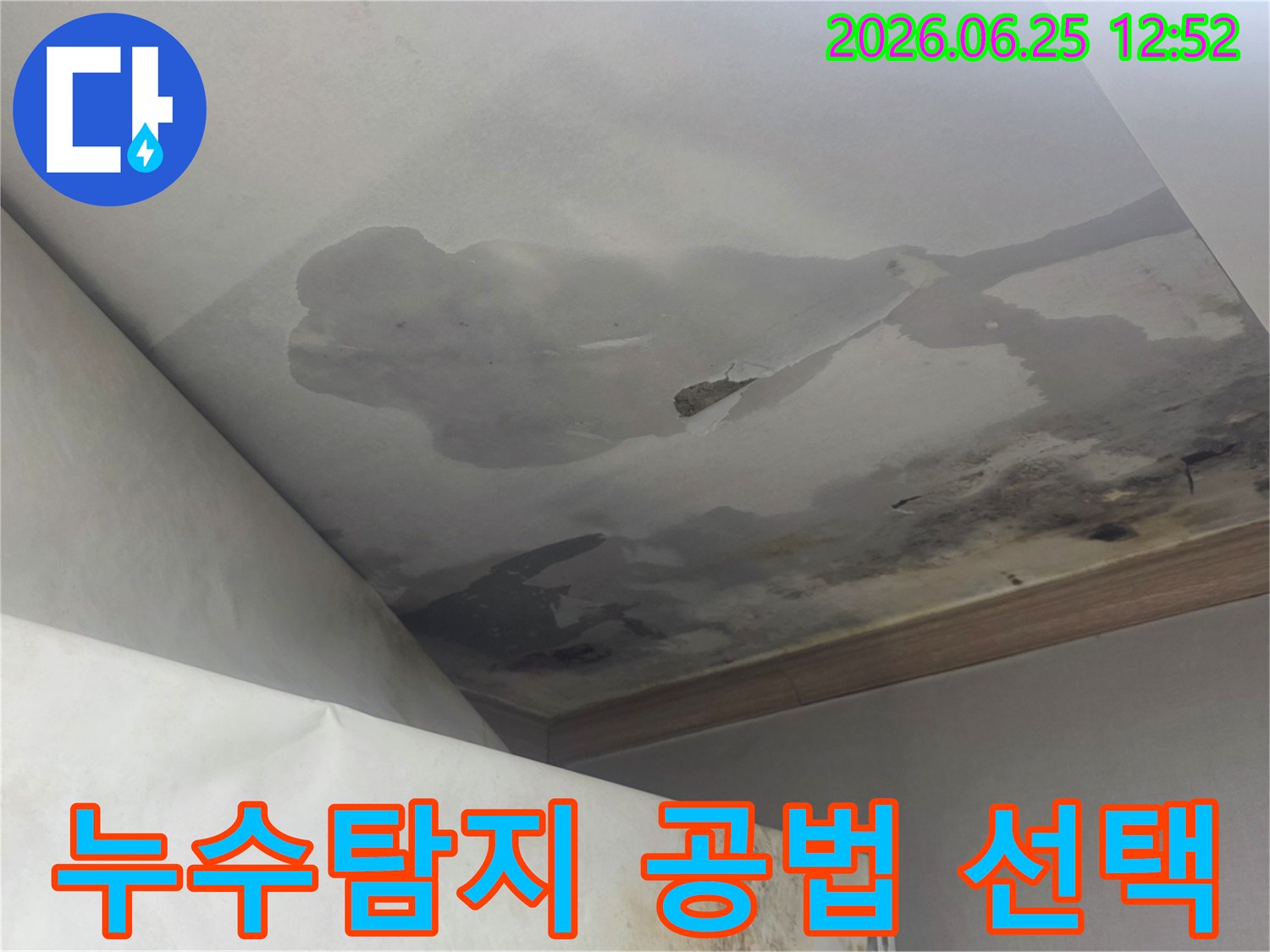 천장 누수로 인해 손상된 천장 마감재-누수탐지 후 파괴 또는 비파괴 공법 선택이 필요한 현장