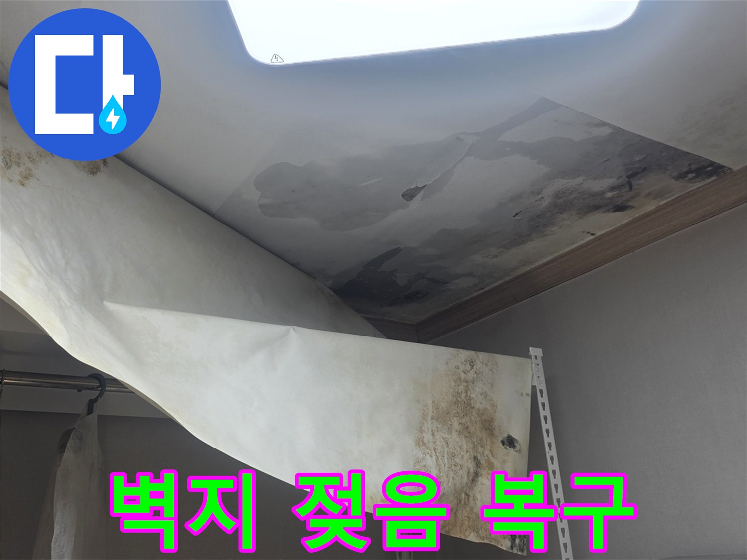 천장 벽지가 물에 젖어-심하게 손상되고-곰팡이가 번식한-누수 피해 현장입니다