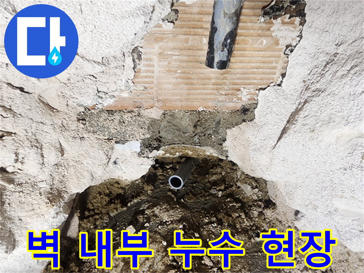 타일 제거 후-드러난 배관과 젖은 벽체