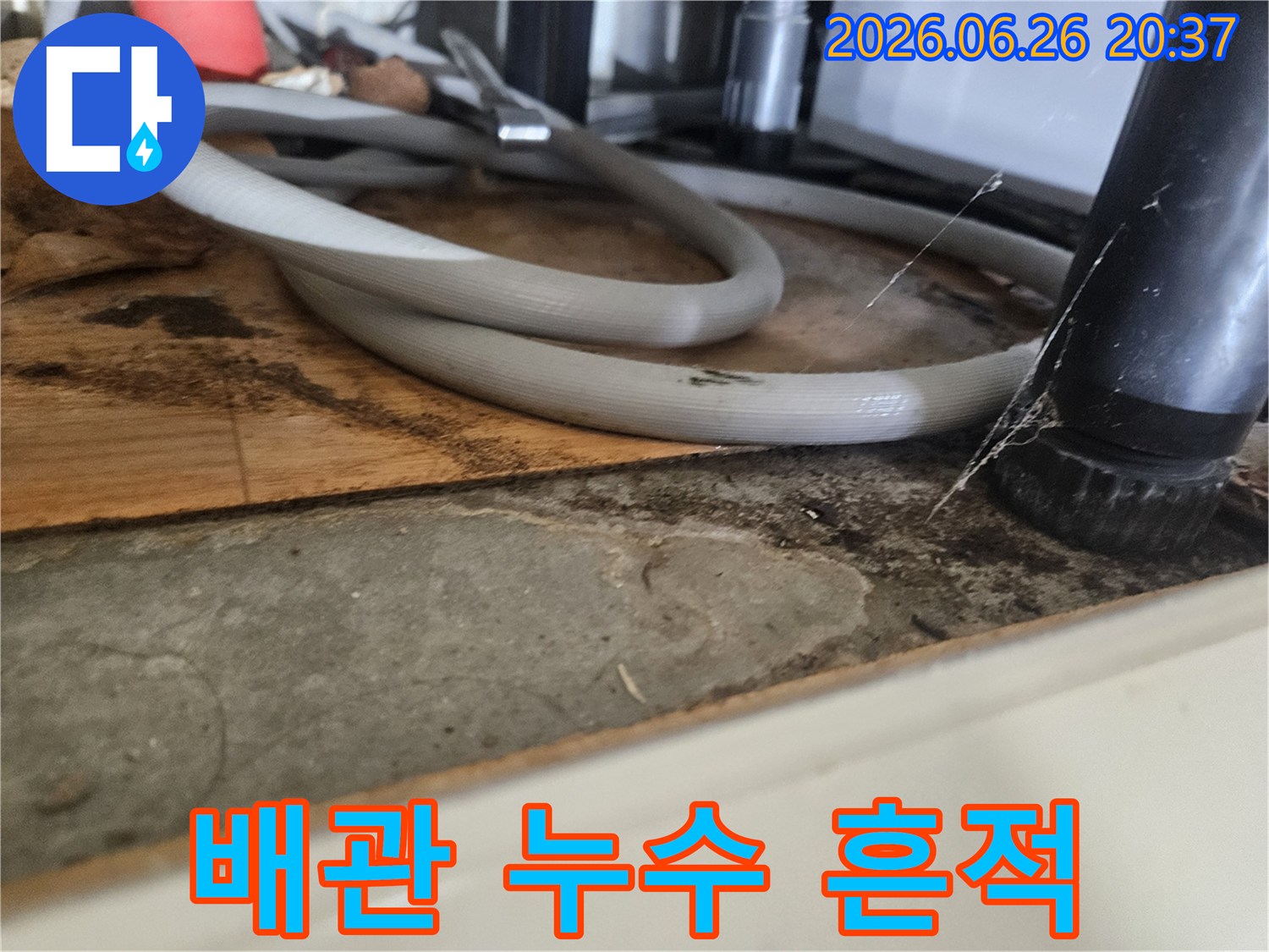 물샘으로-인해-싱크대-아래-목재가-손상되고-곰팡이가-번식한-모습