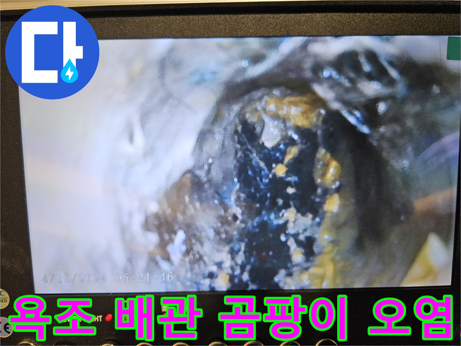 내시경으로 본 욕조 하부 배관의 검은 곰팡이와 습기 상태
