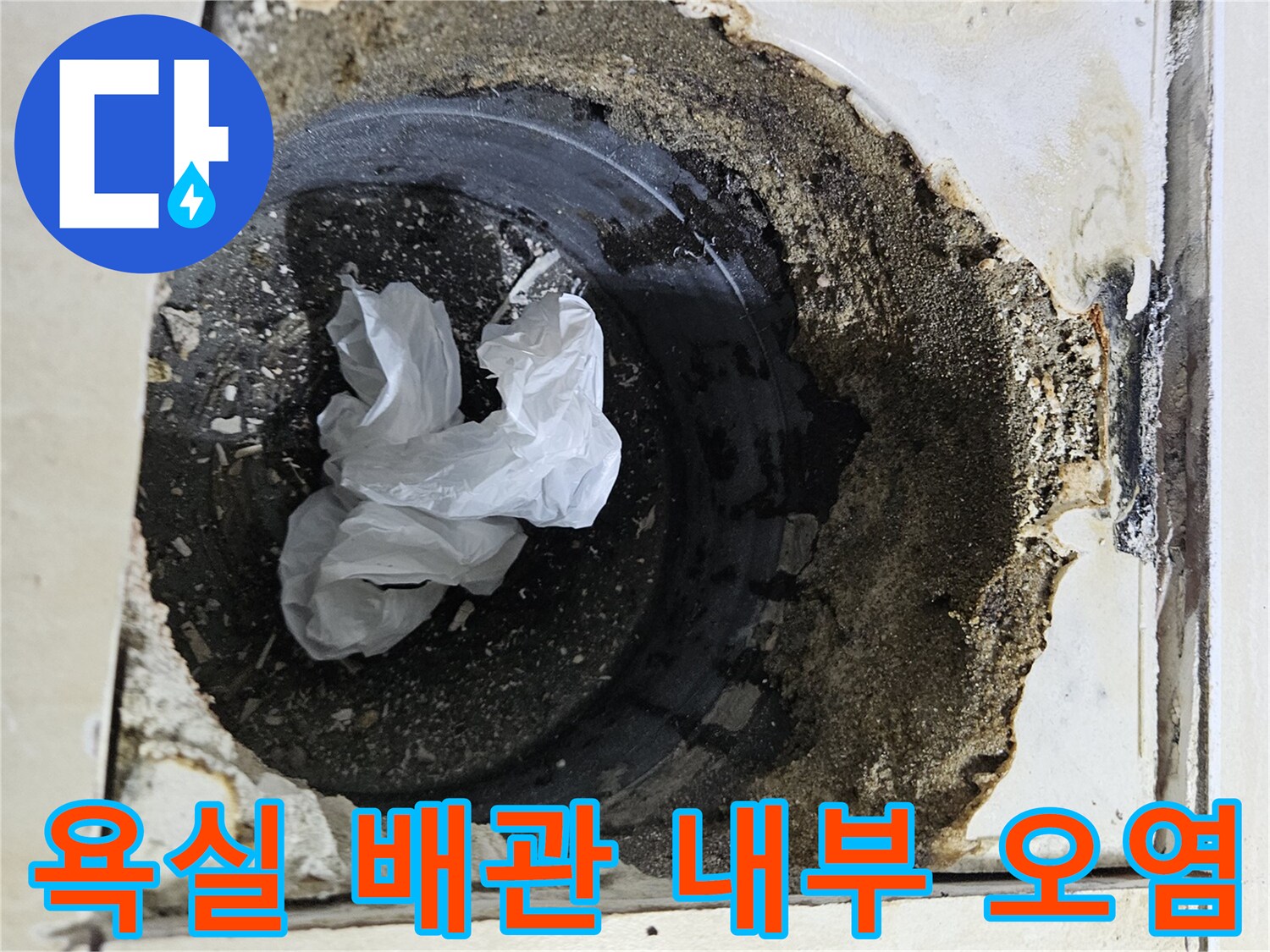 타일 타공 부위를 통해 본 욕조 하부의 축축한 상태