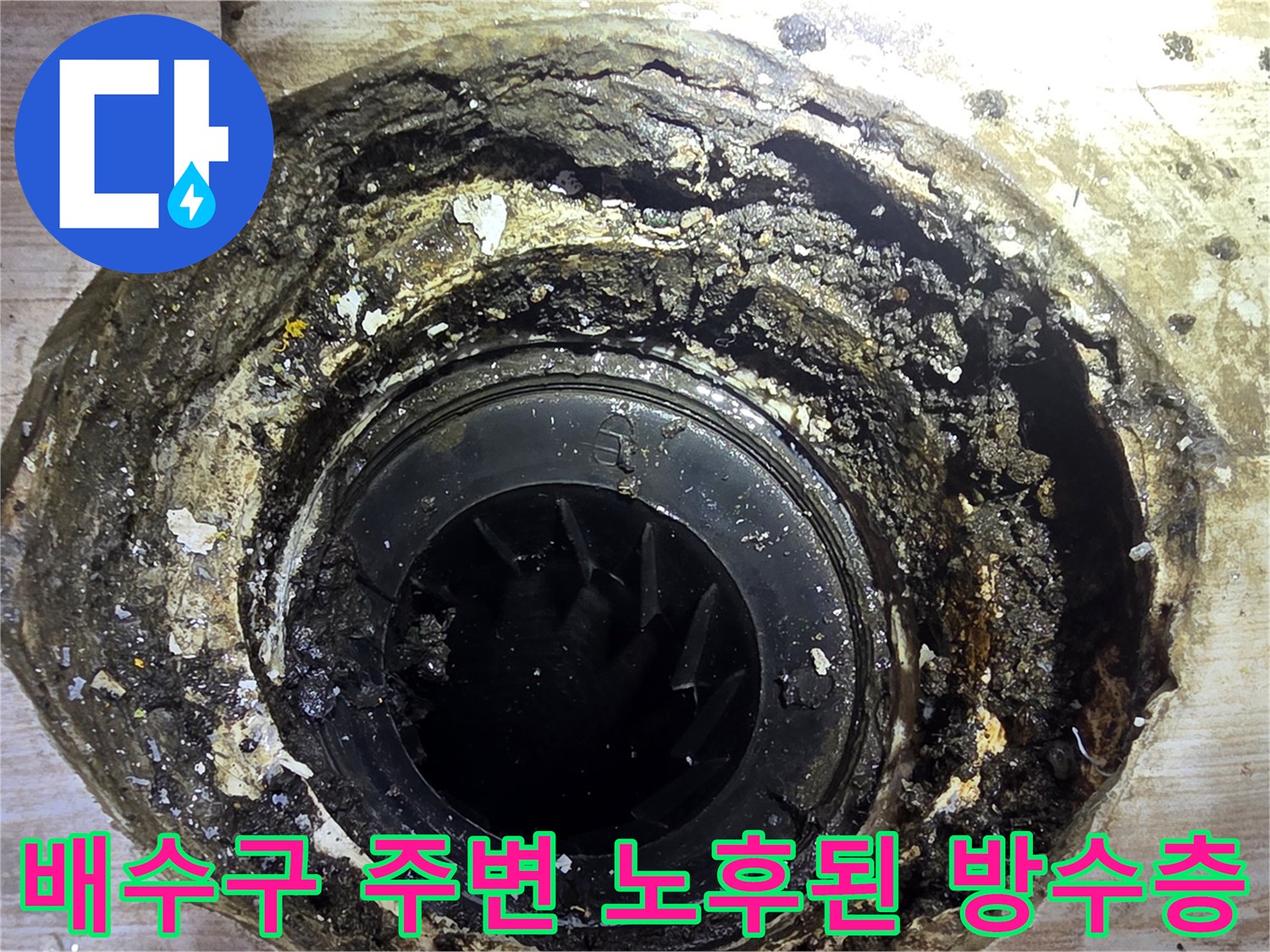 세탁실 배수관 주변의 균열된 방수층과 오염된 상태