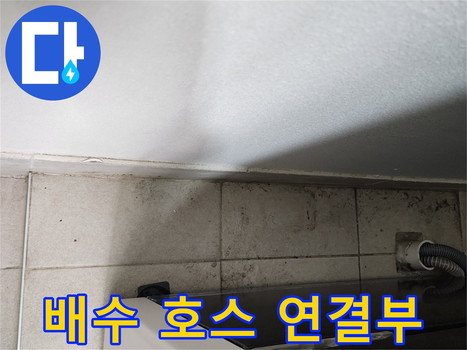 세탁기 옆-배수관 연결 부위의 타일 틈새 촬영