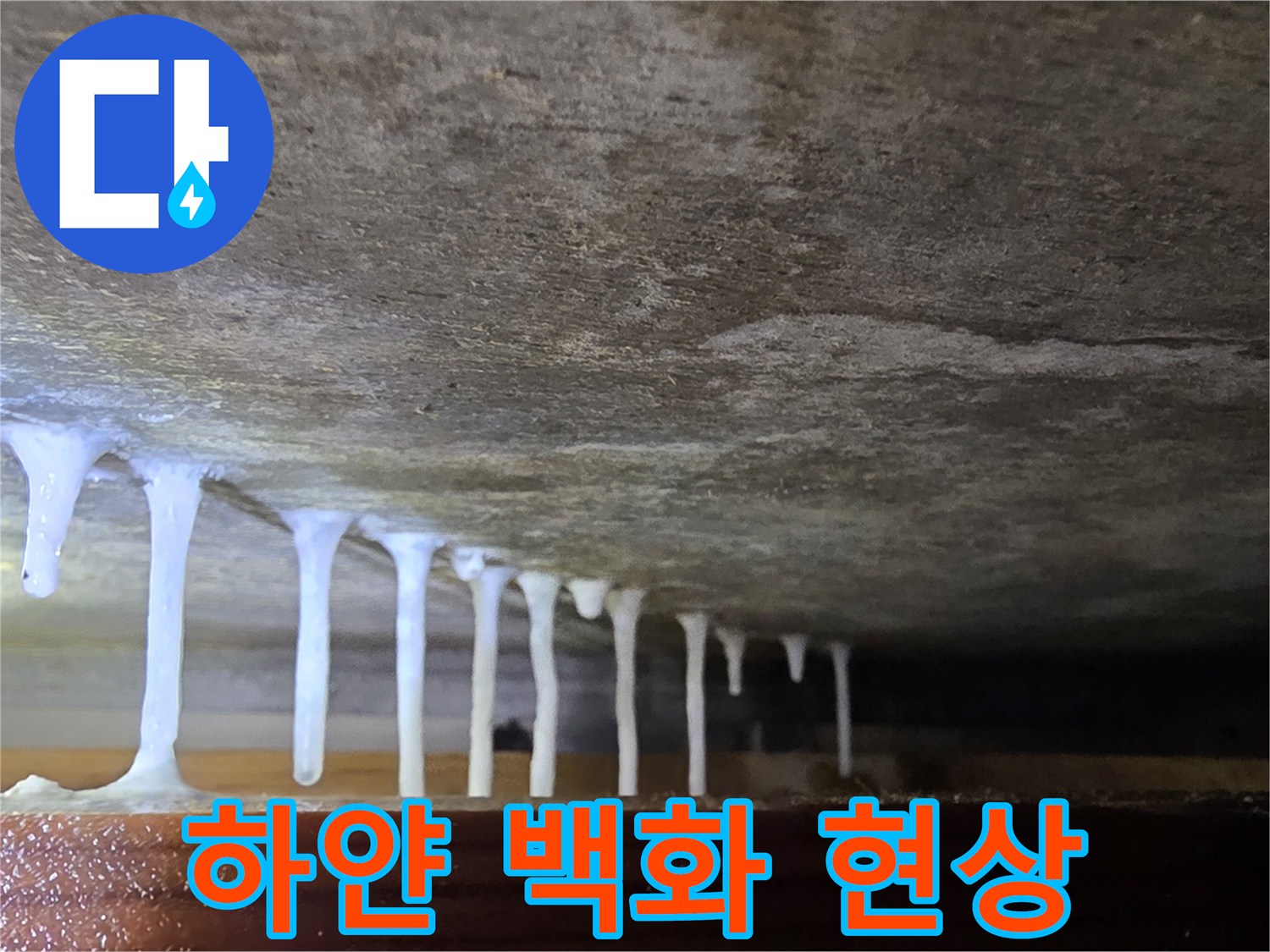 천장 하단에 맺힌 석회물 고드름 형태의 누수 흔적