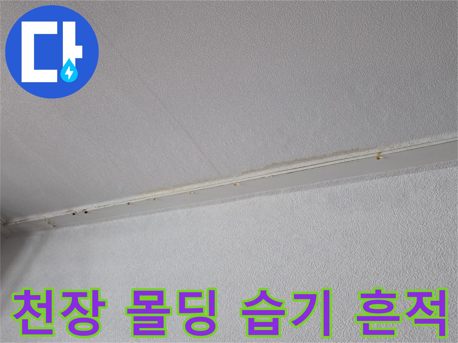 천장과 벽 사이 경계의 변색된 부분 촬영