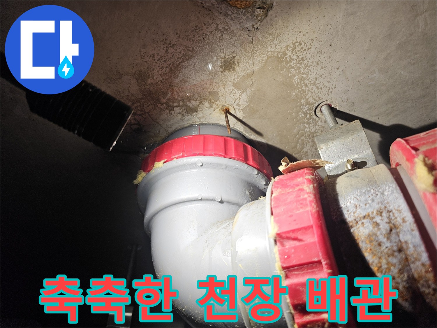 천장 내부 슬래브 - 배관 주변의 젖은 콘크리트 면