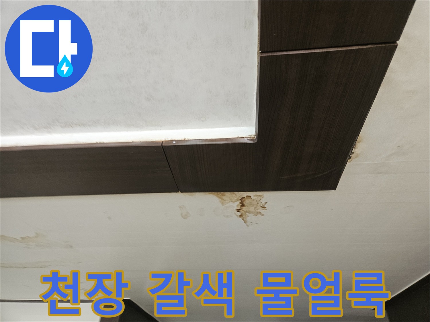 아파트 천장재에 발생한 갈색 누수 흔적과 얼룩
