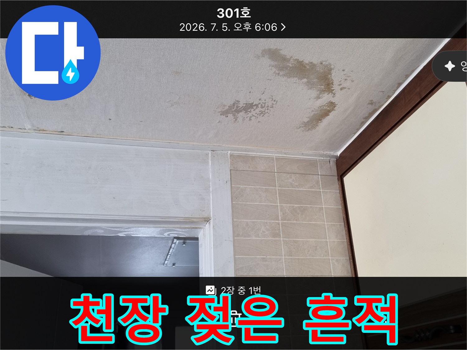 누수 피해 천장 - 곰팡이와 변색이 진행된 벽지 표면