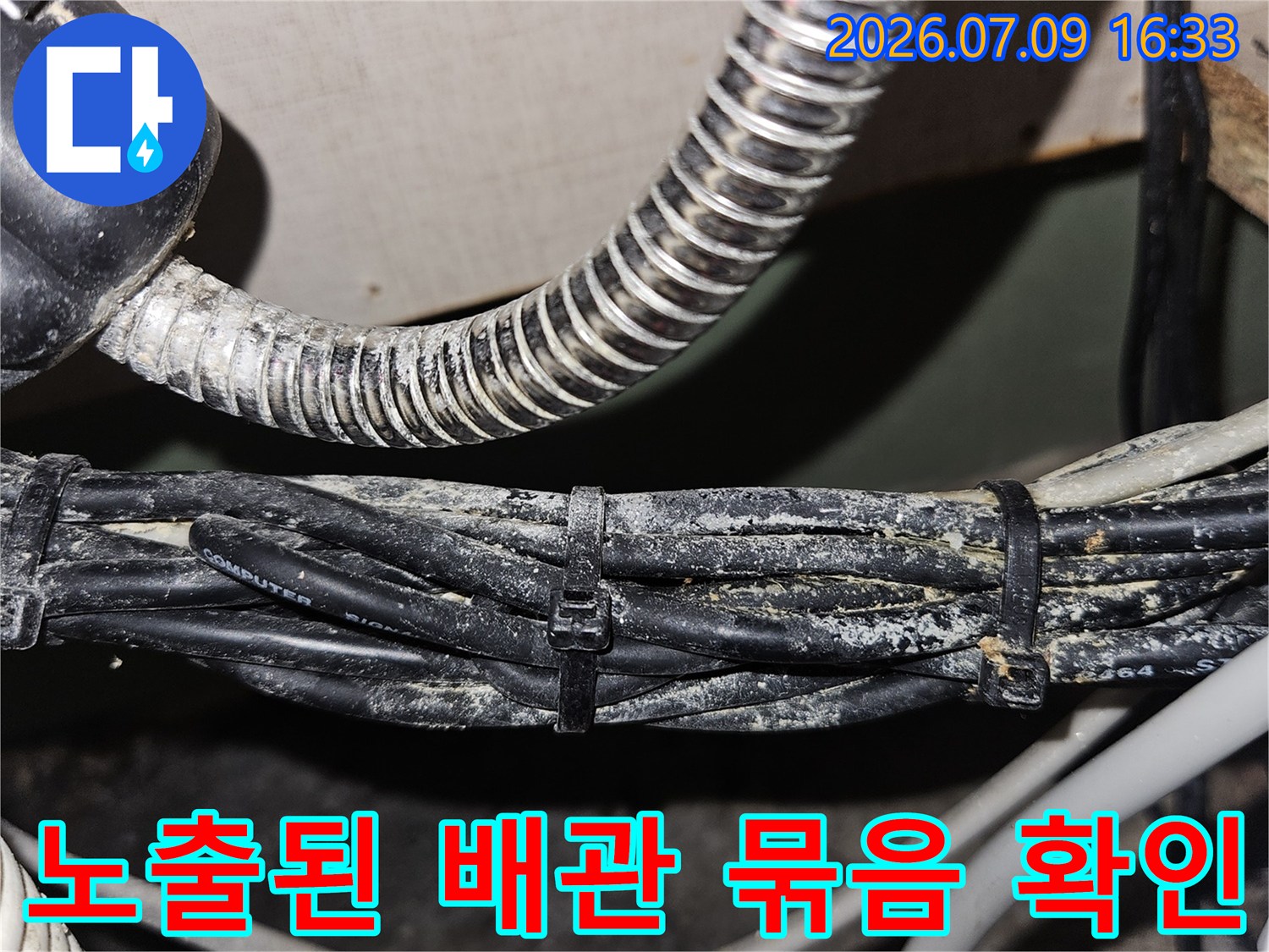 보일러실 내부에 배치된 검은색 배관들이 체계적으로 정리되어 있는 모습