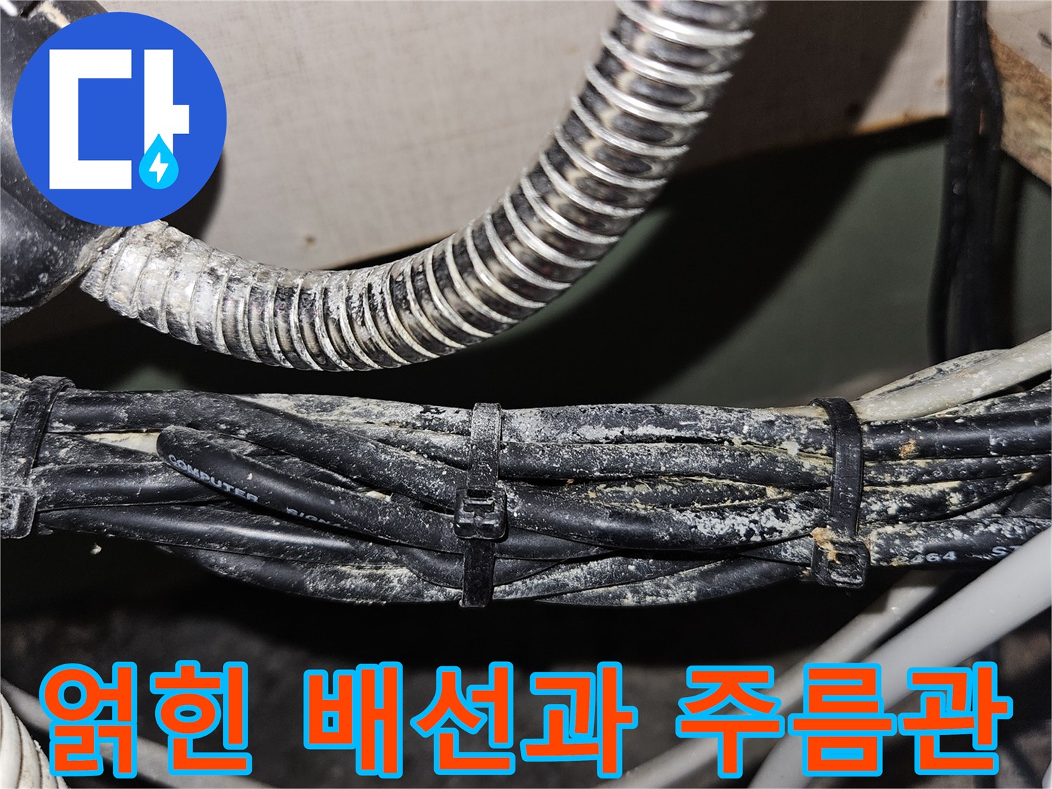 천장 내부에 복잡하게 배열된 전기 전선과 금속 배관의 상세 모습입니다.