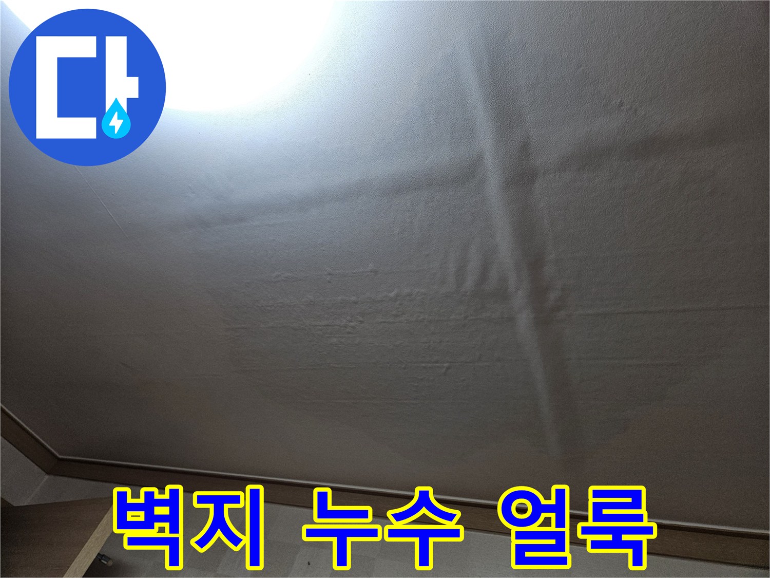 거실 천장 벽면의 젖은 부위와 번진 물자국 현황