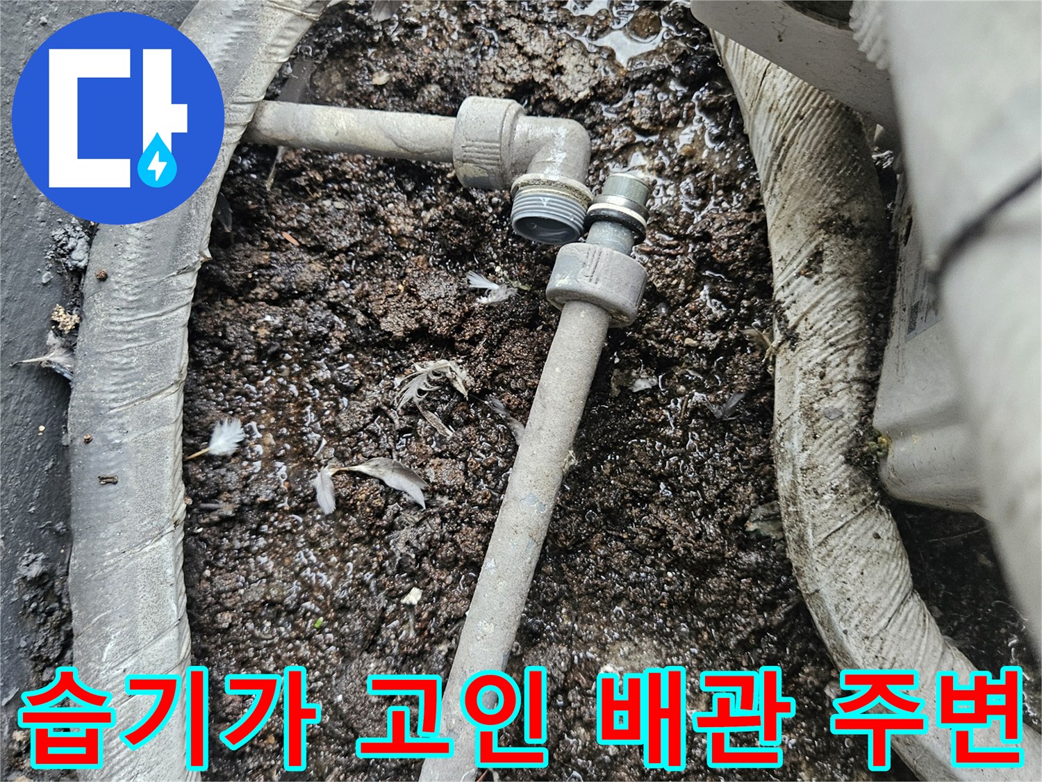 배관 연결 지점의-물샘 흔적과 오염된 상태