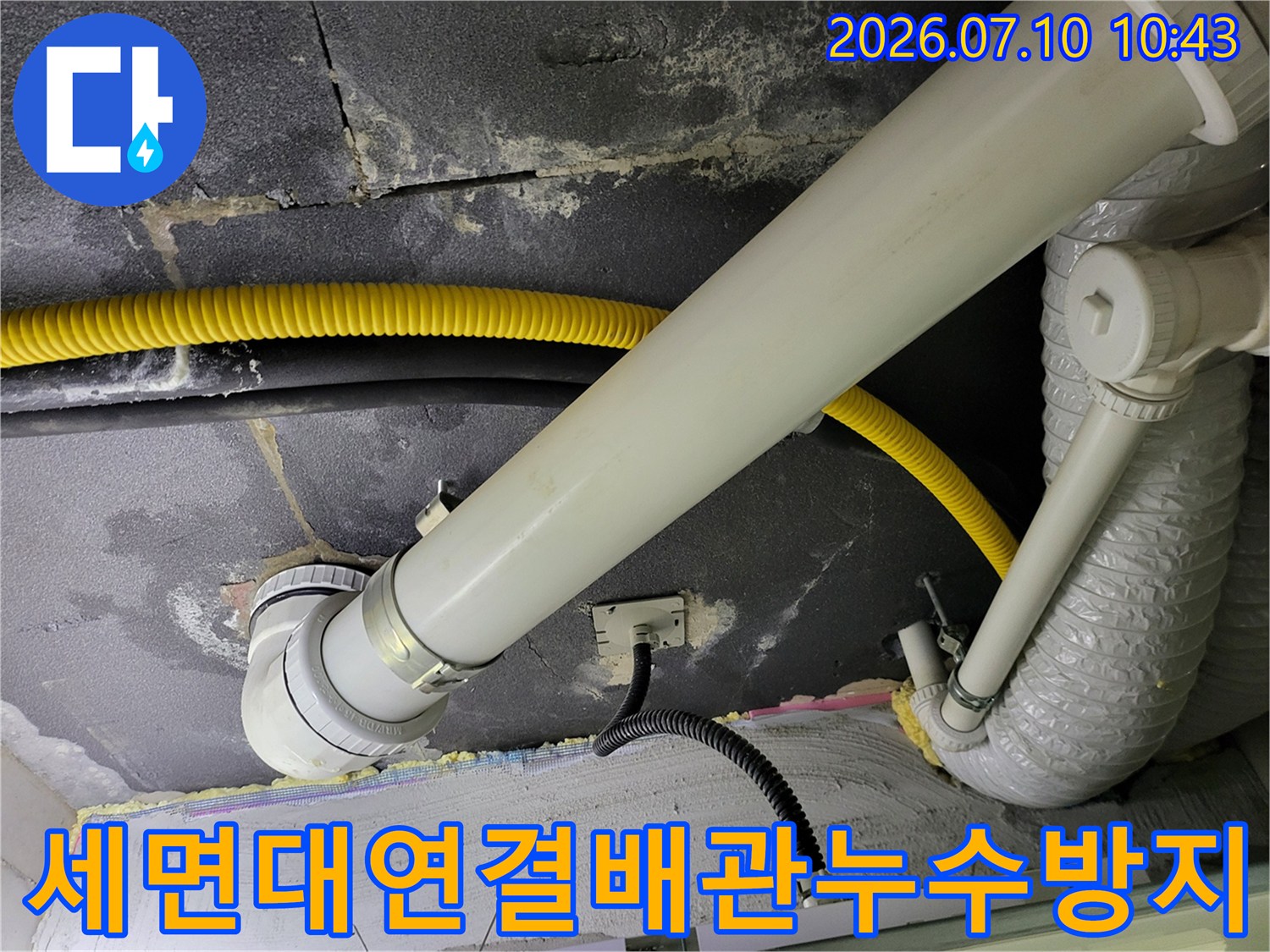 화장실 천장의 세면대 배관 연결 부위를 조사하며 누수 지점을 파악하는 모습