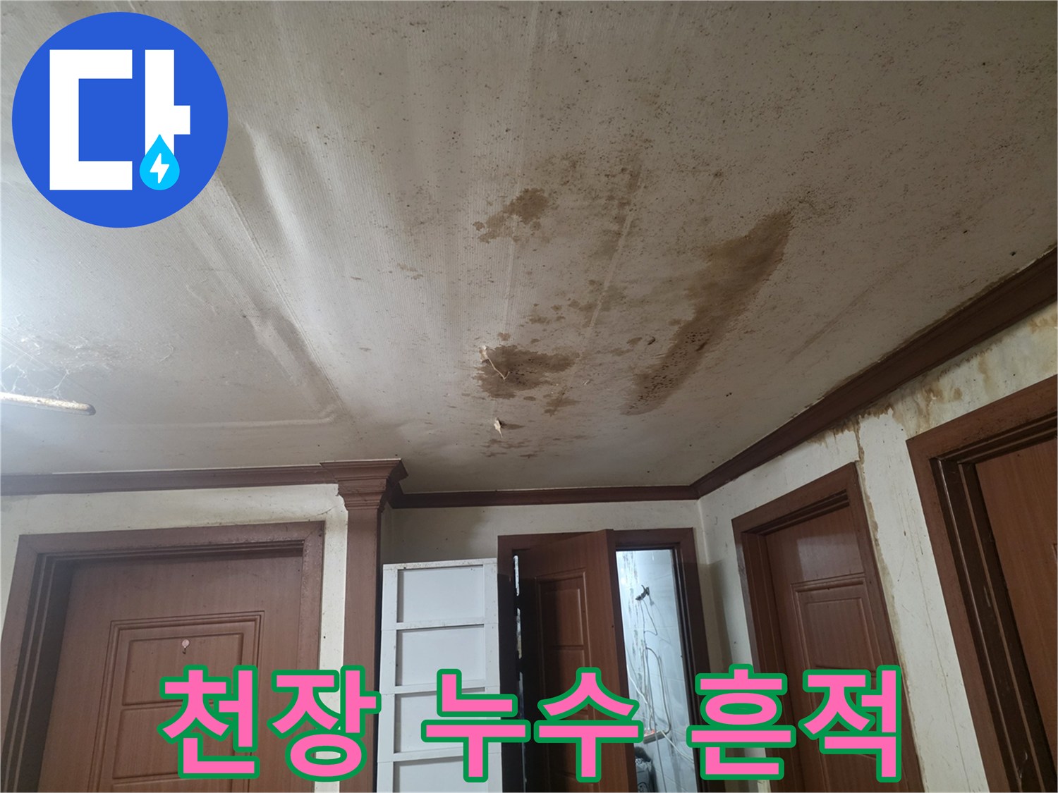 거실 천장에 나타난 누수 오염 부위