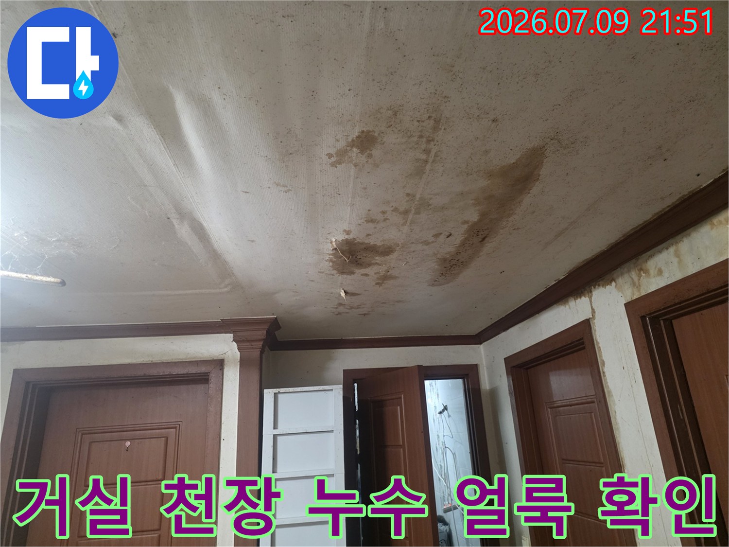 거실 천장에 발생한 갈색 누수 흔적과 곰팡이 얼룩