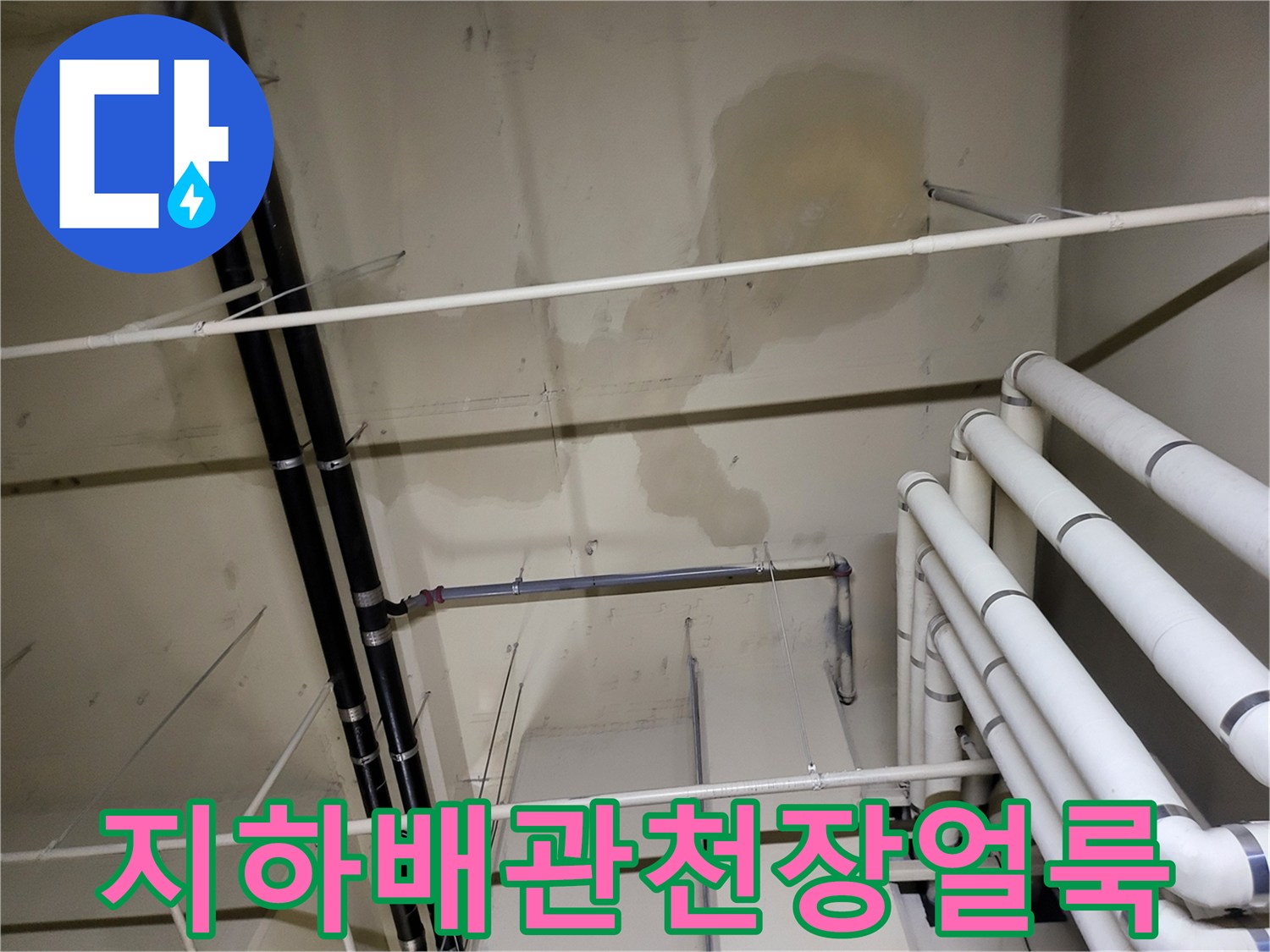 안양 비산동 아파트-지하층 천장 배관 부위의 누수 흔적과 변색된 얼룩 상태
