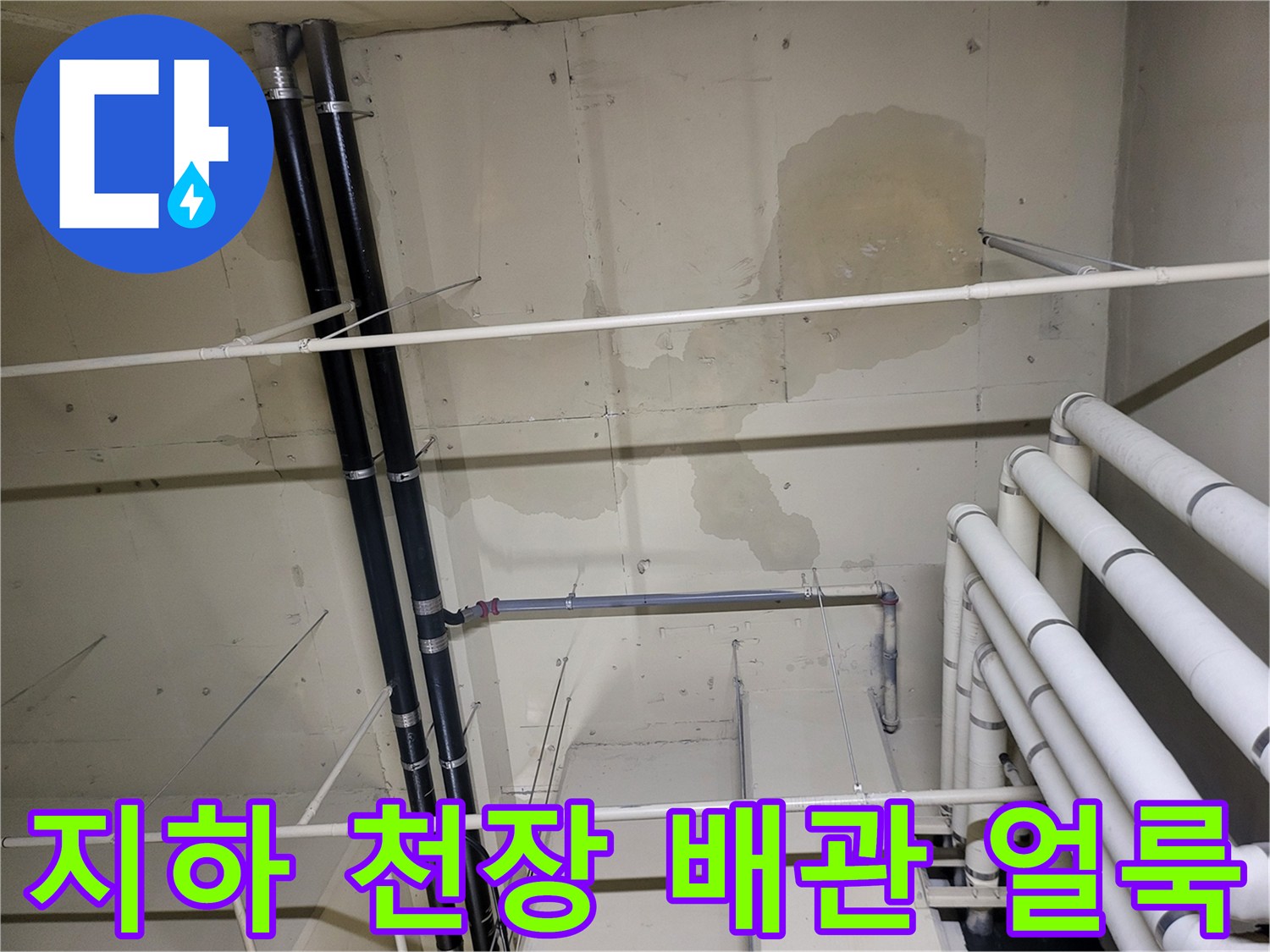 안양 비산동 아파트 지하층 천장 배관 주변의 누수 흔적과 얼룩 상태