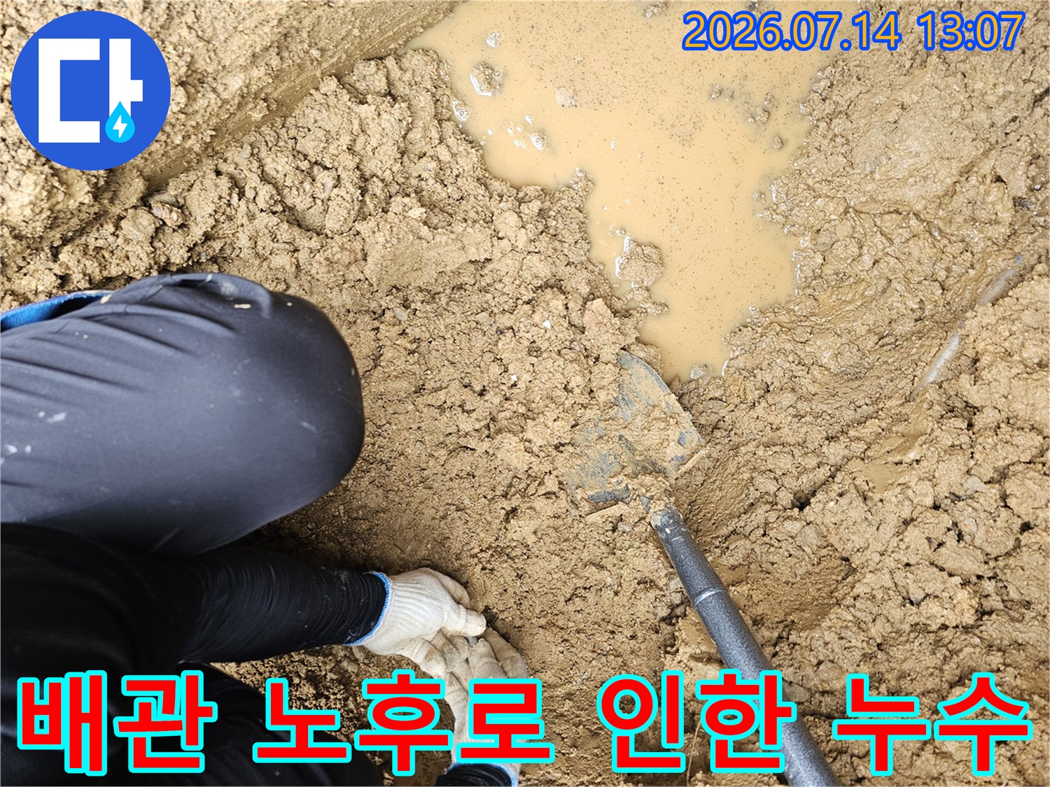 흙을 파내어 확인한 배관 주변의 물 고임 현상과 젖은 토양