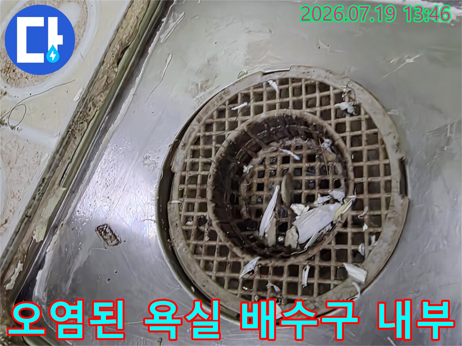 스테인리스 재질의 하수구 거름망에 이물질이 엉겨 붙어 있는 상세 사진