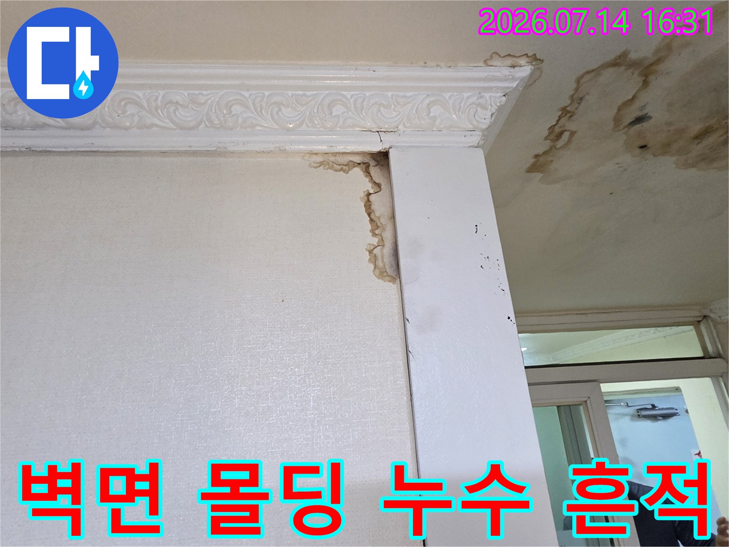 갈색으로 오염된 천장 모서리 부위의 정밀 점검 사진