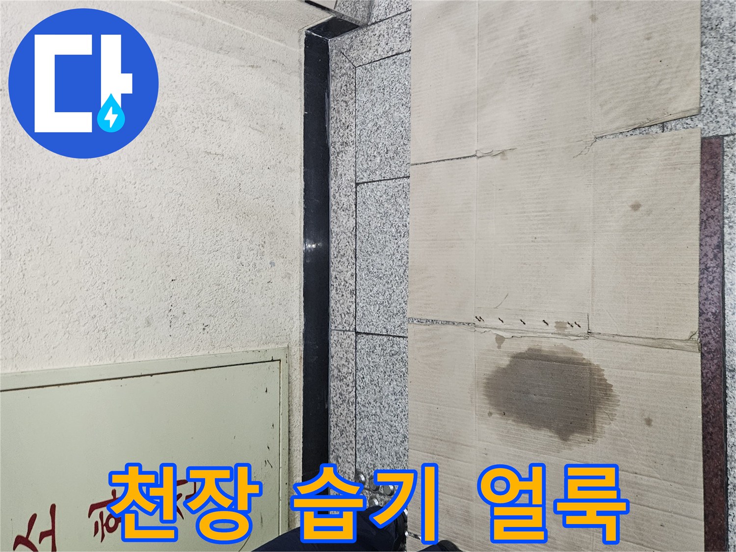 습기로 인해 변색된 천장 마감재 부위
