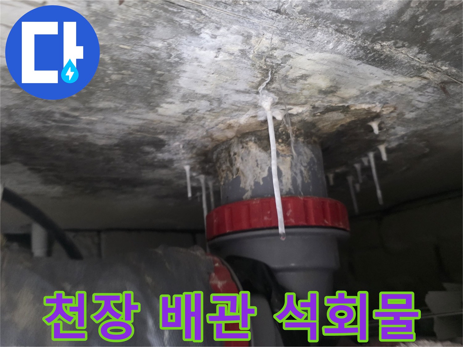 하얀색으로 변한 천장 배수관 부위