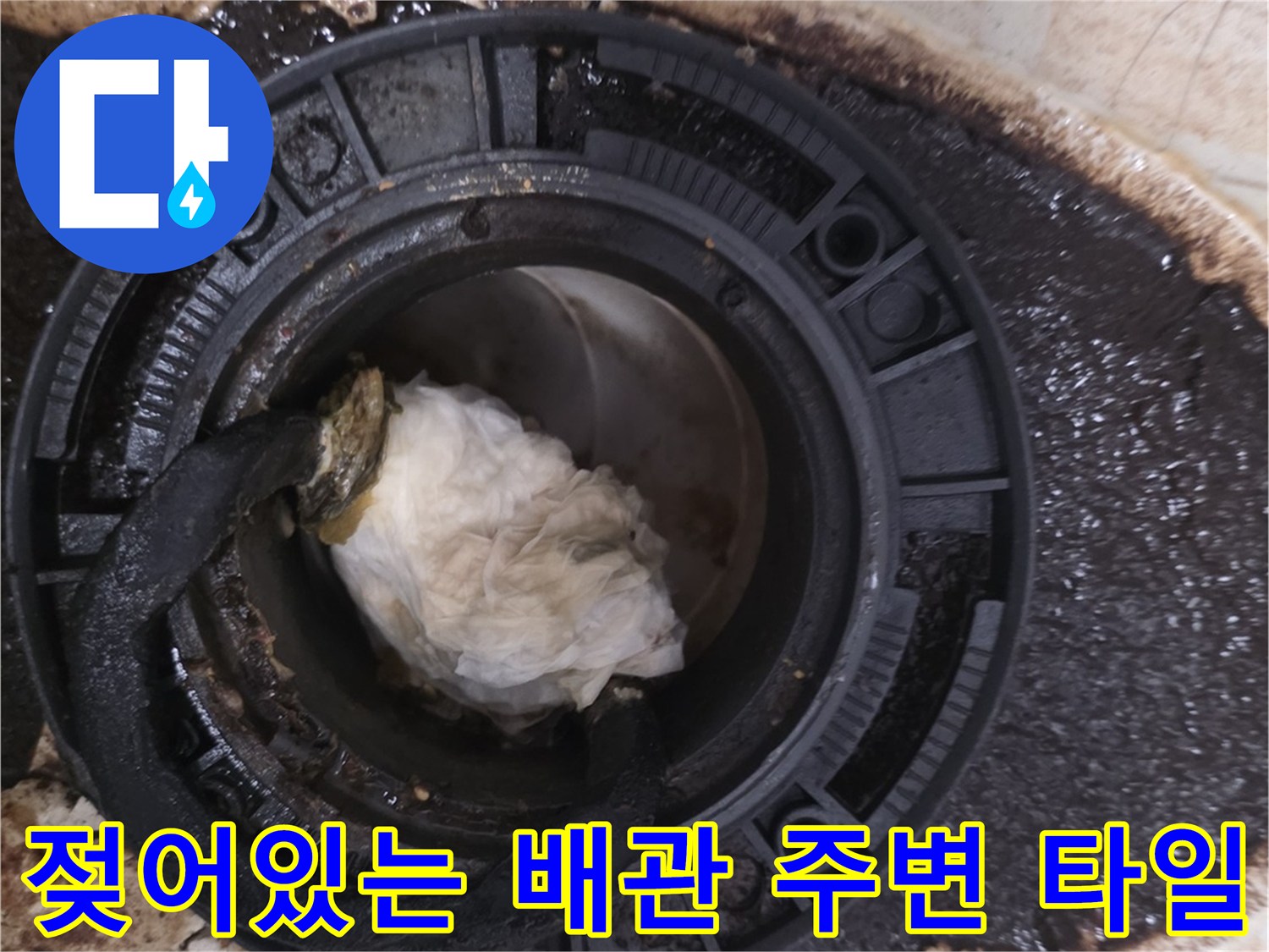 오수가 스며들어 젖어 있는 변기 하단 배관 주변부 사진