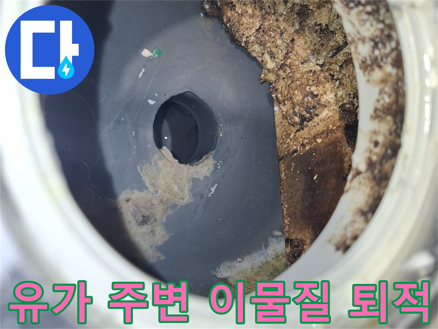 하수구 배관 입구의 오염된 슬러지와 방수층 손상 부위
