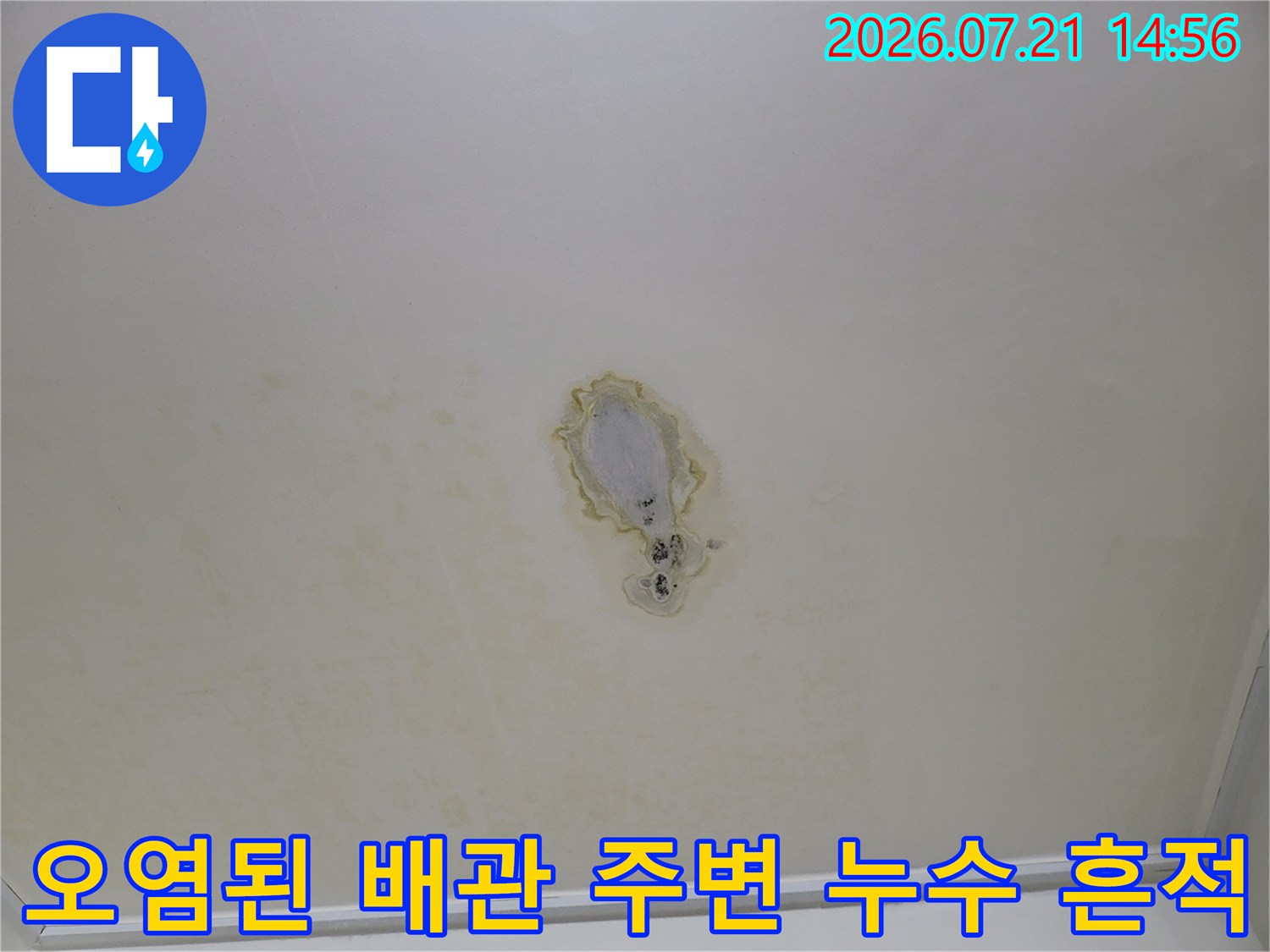 누수로 오염된 천장과 노출 배관 연결부의 상태
