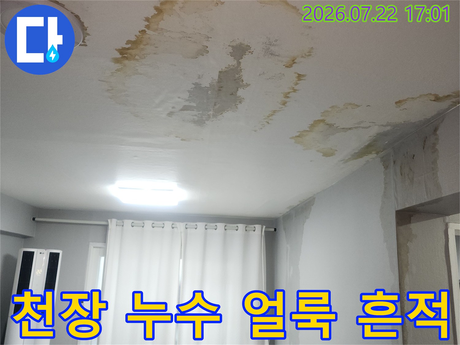 거실 천장 벽지에 노란색으로 번진 누수 흔적과 들뜬 도배지 상태