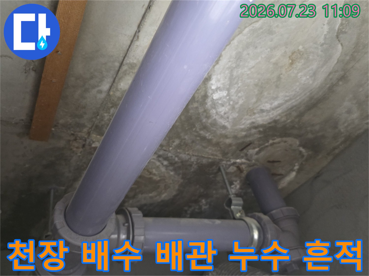 아파트-천장-내부의-보라색-배수-배관과-콘크리트-슬래브-젖은-흔적