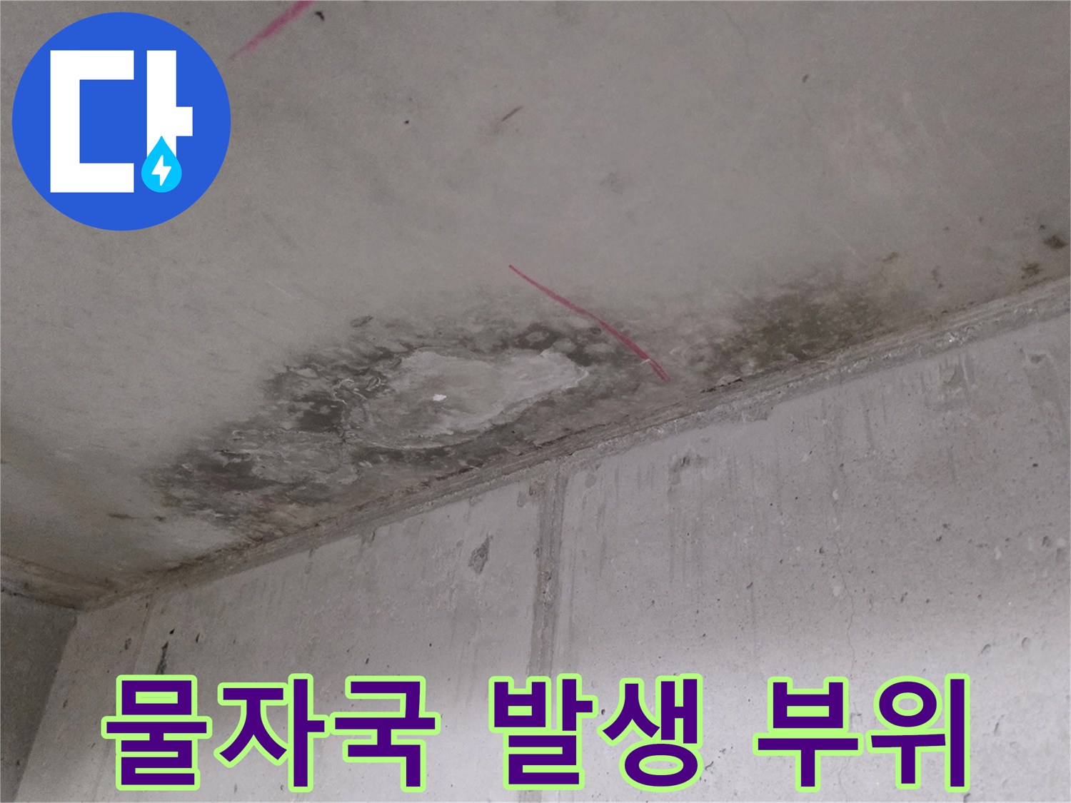 천장 마감재에 발생한 짙은 누수 오염 부위