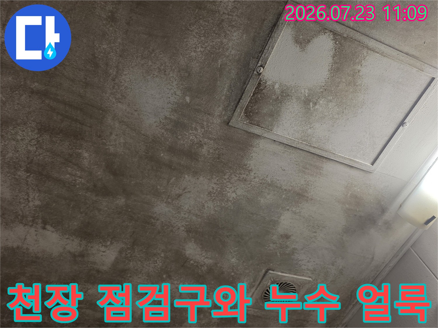 천장에 설치된 사각 점검구 주변으로 넓게 퍼진 짙은 색의 물 얼룩 사진