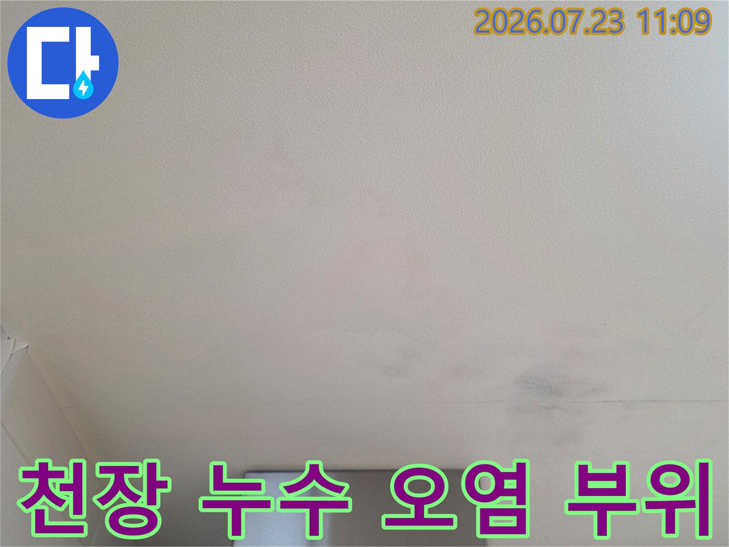 흰 천장에 회색으로 얼룩진 누수 피해 구역-사진