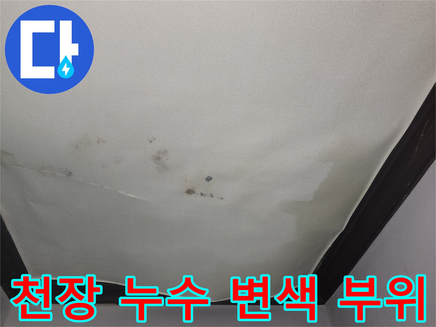 물기에 젖어 어둡게 변한 천장 벽지-누수 피해 사례