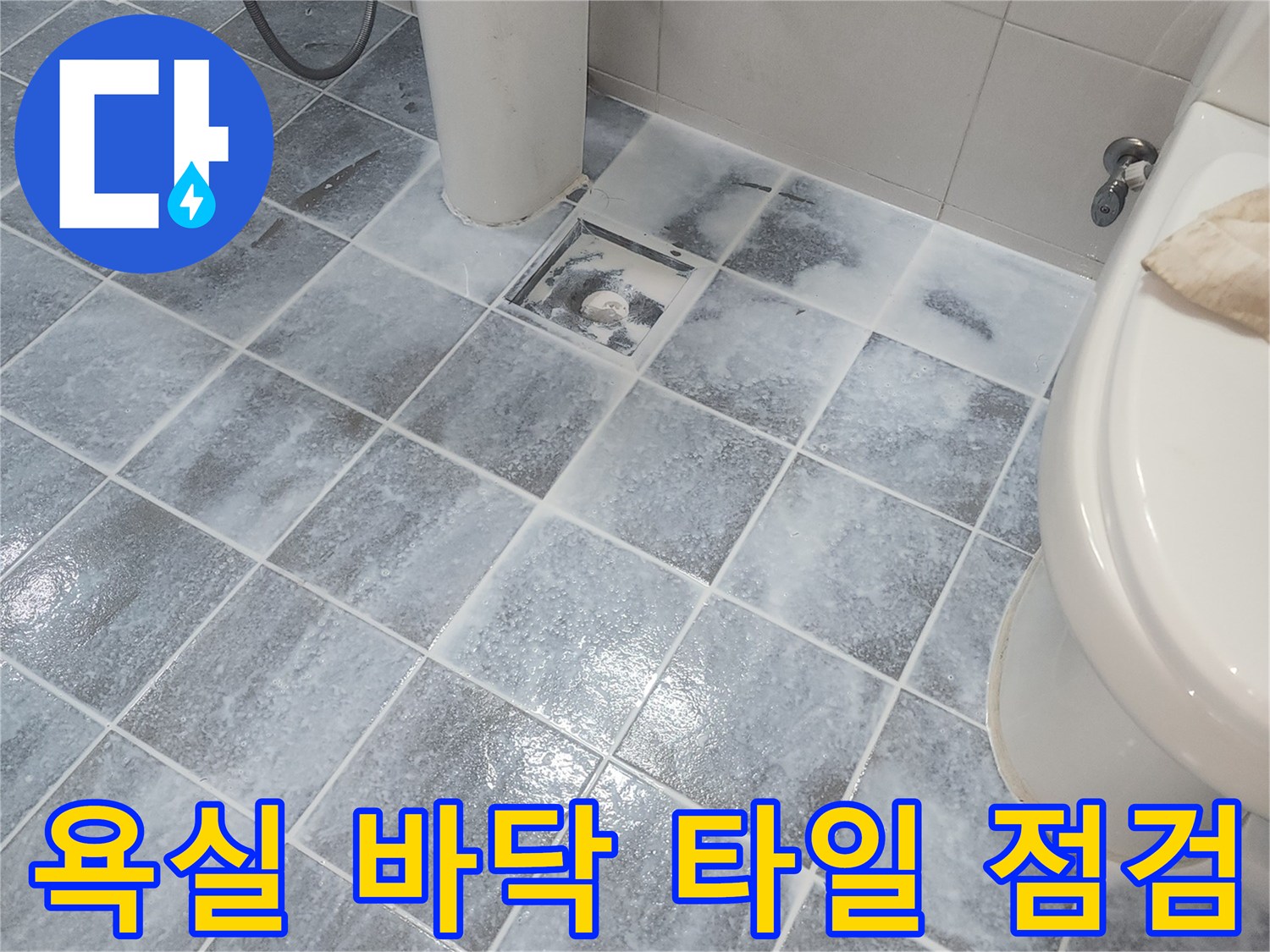 변기 옆 타일과 배수구 주변의 누수 가능성 확인