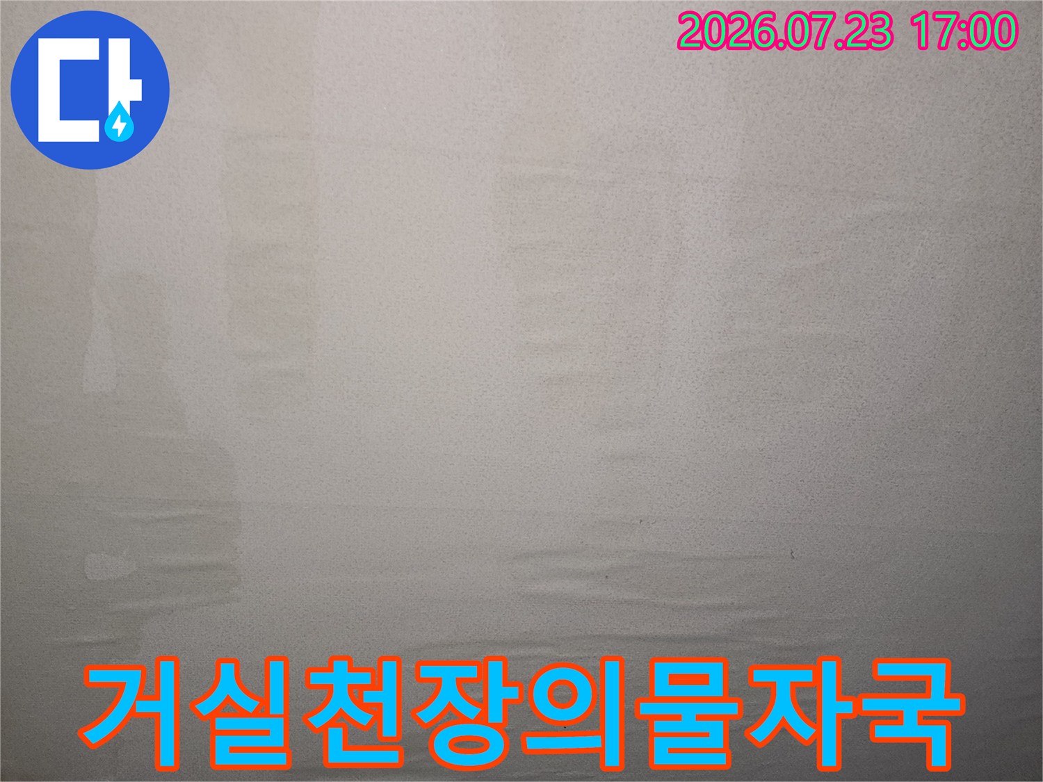 흰색 천장 벽지에 넓게 퍼진 누수로 인한 습기 얼룩-사진