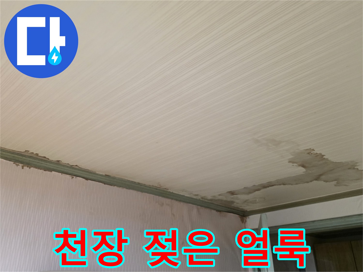 누수로 인해 변색된 천장 면과 젖어있는 벽면 경계 부위