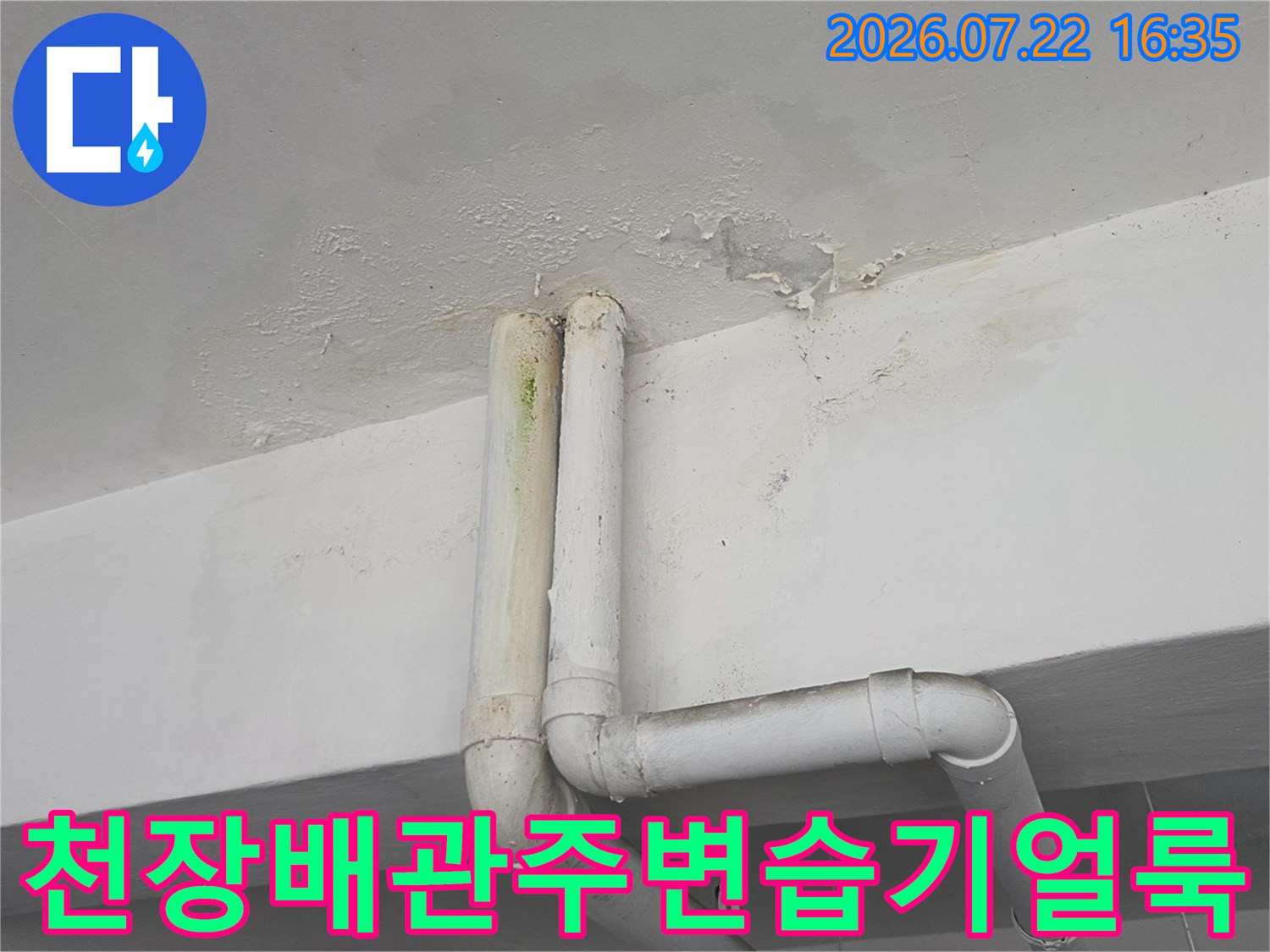 흰색 배관 두 줄이 설치된 천장에 물샘으로 인해 발생한 젖은 자국과 얼룩-모습