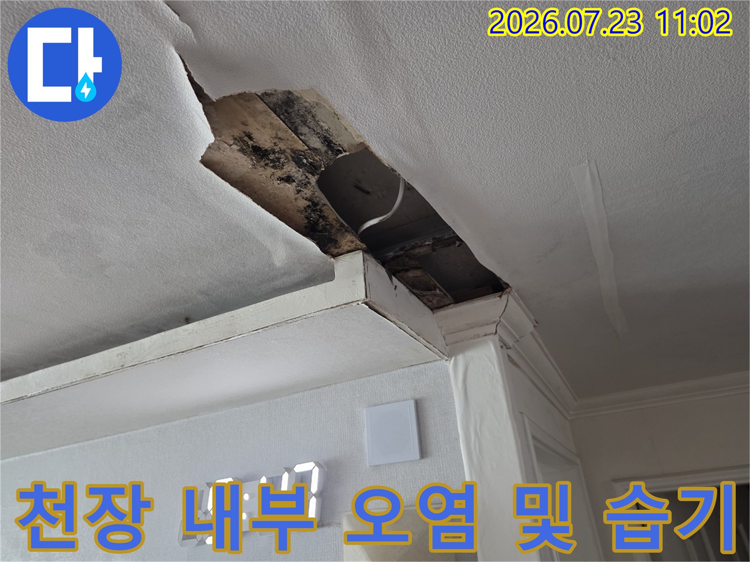 습기로 인해 검게 변색된 천장 내부 자재와 파손된 마감재-사진