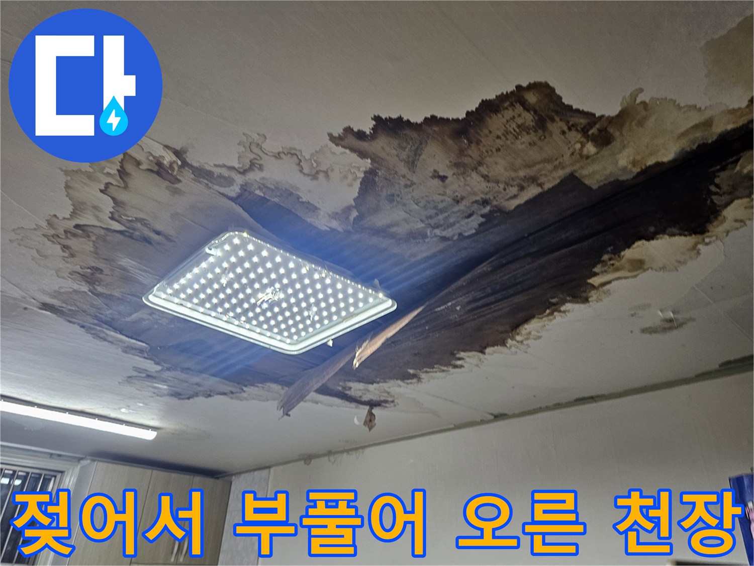 천장 전등 주변-물에 젖어 부식된 마감재 부위