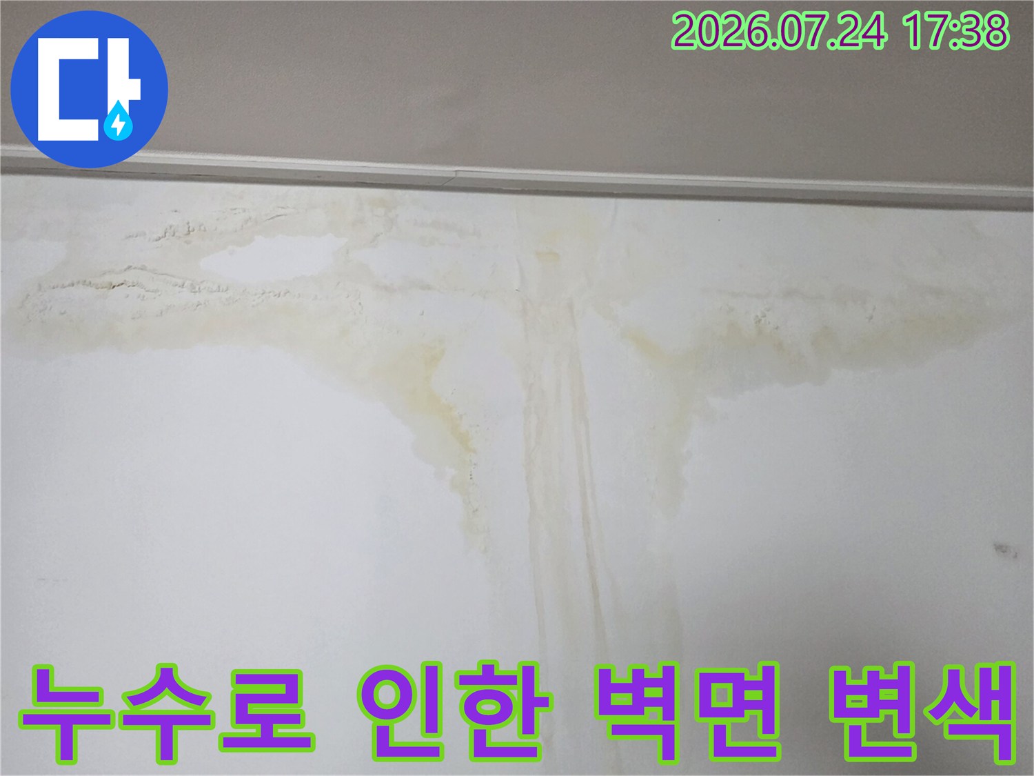 배관 문제로 인해 발생한 수직 형태의 물자국과 곰팡이 영역