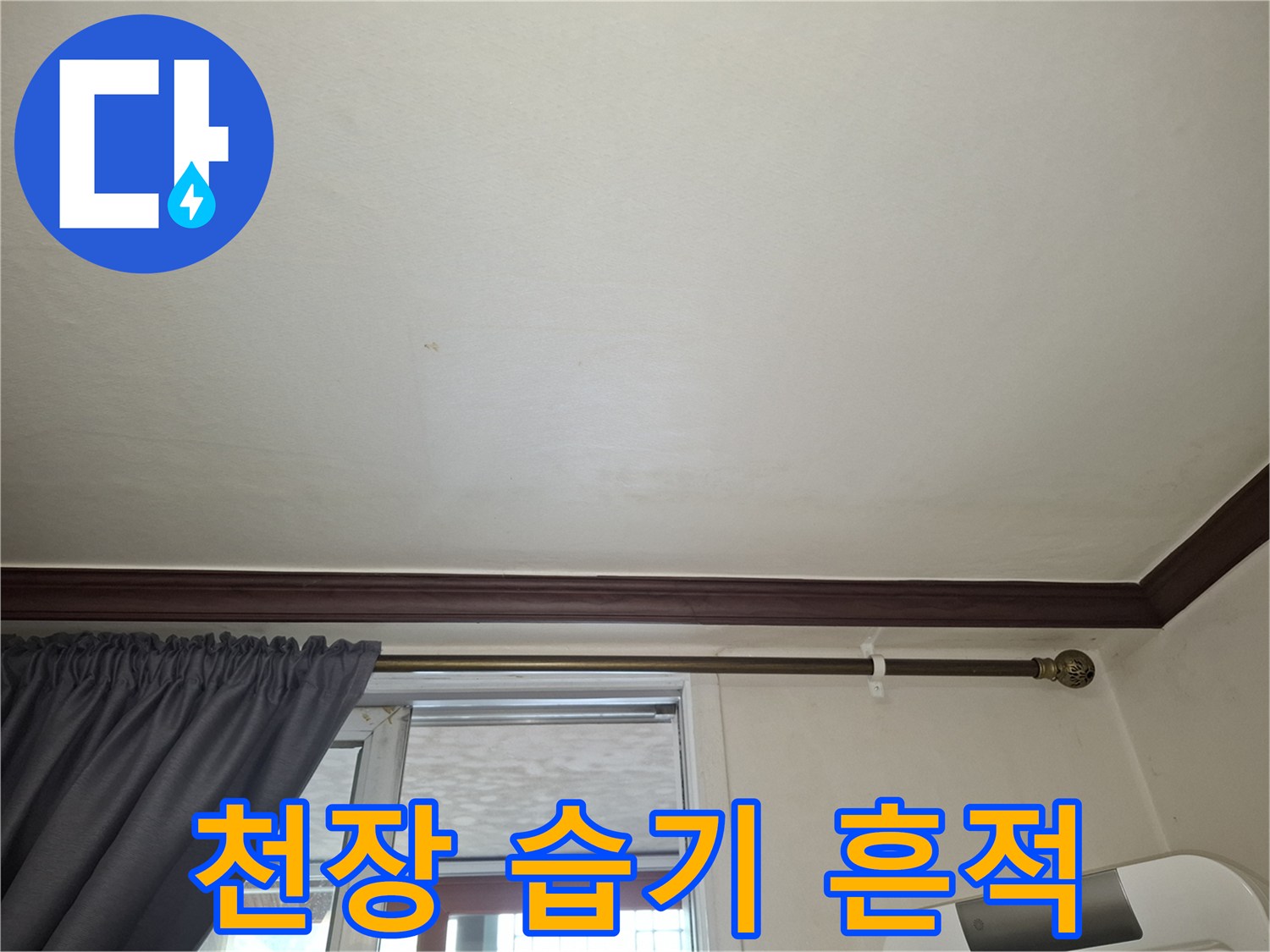 거실 천장 부근 - 곰팡이 발생이 우려되는 습한 얼룩 상태