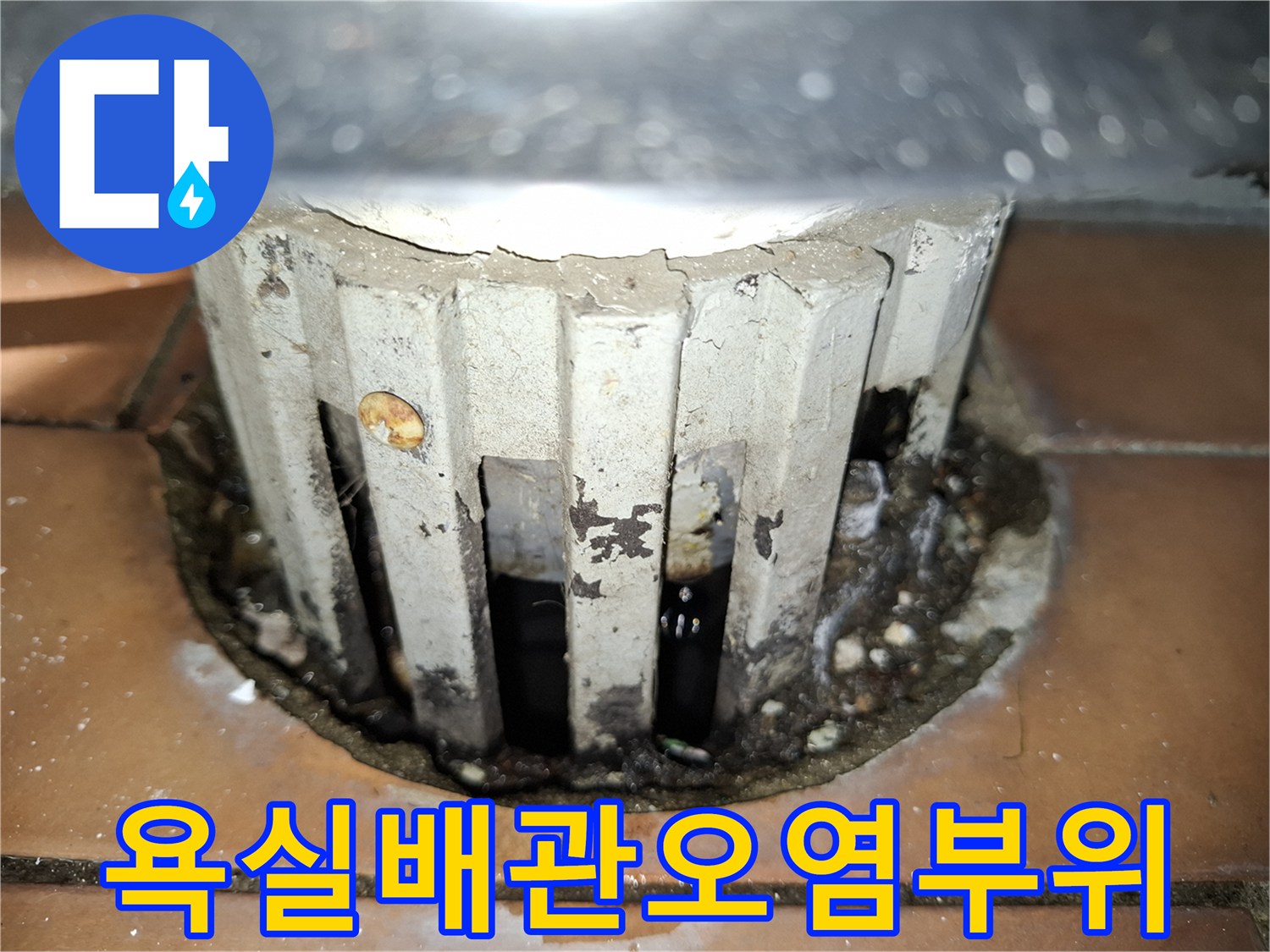배관 주변 타일 틈새의 습기 및 오염된 모습
