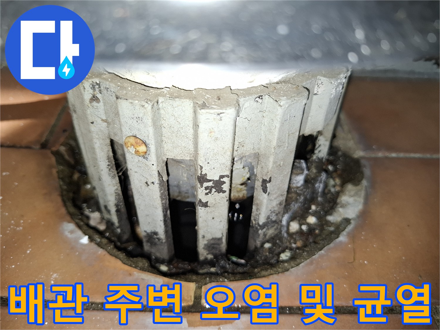 배관 주변의 타일 틈새와 물샘으로 인한 변색 상태입니다.