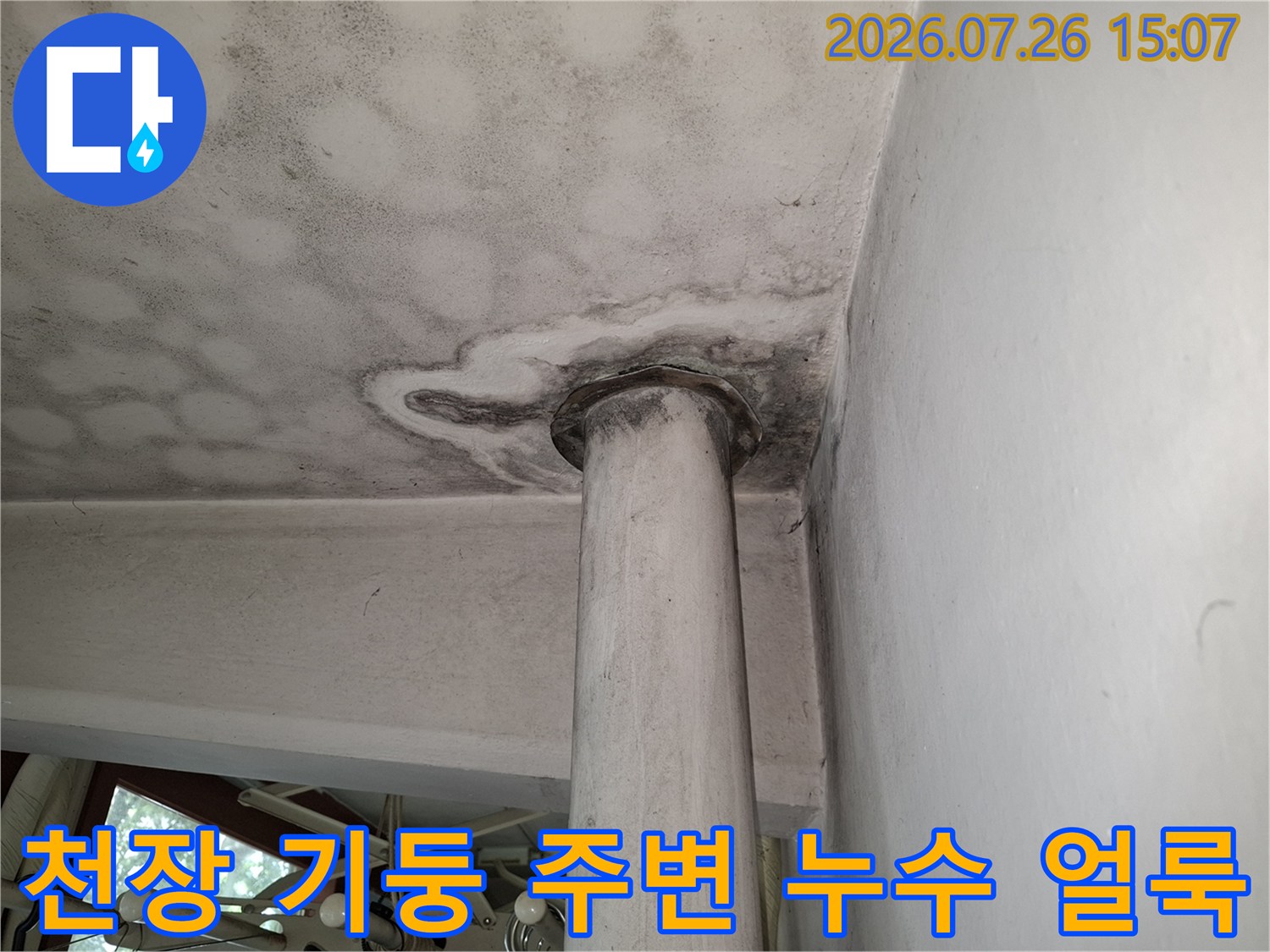 흰색 거실 천장의 원형 기둥 접합부 주변으로 퍼진 검은색 곰팡이와 물 얼룩-사진