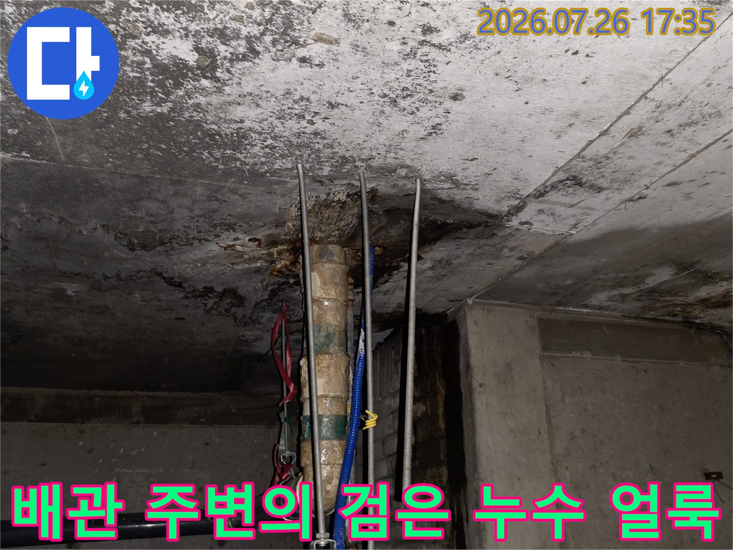 천장 슬래브와 배관 연결 지점에 발생한 짙은 색상의 물젖음 현상 사진